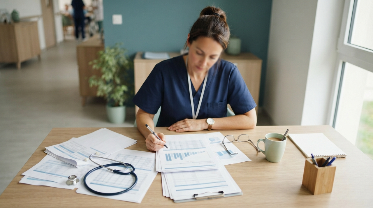 Médecin et infirmière échangeant devant un planning de soins dans un couloir d'établissement