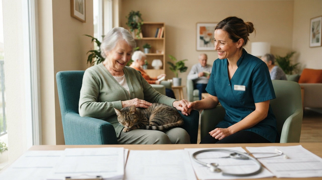 Résident âgé caressant un chat dans un salon d'établissement