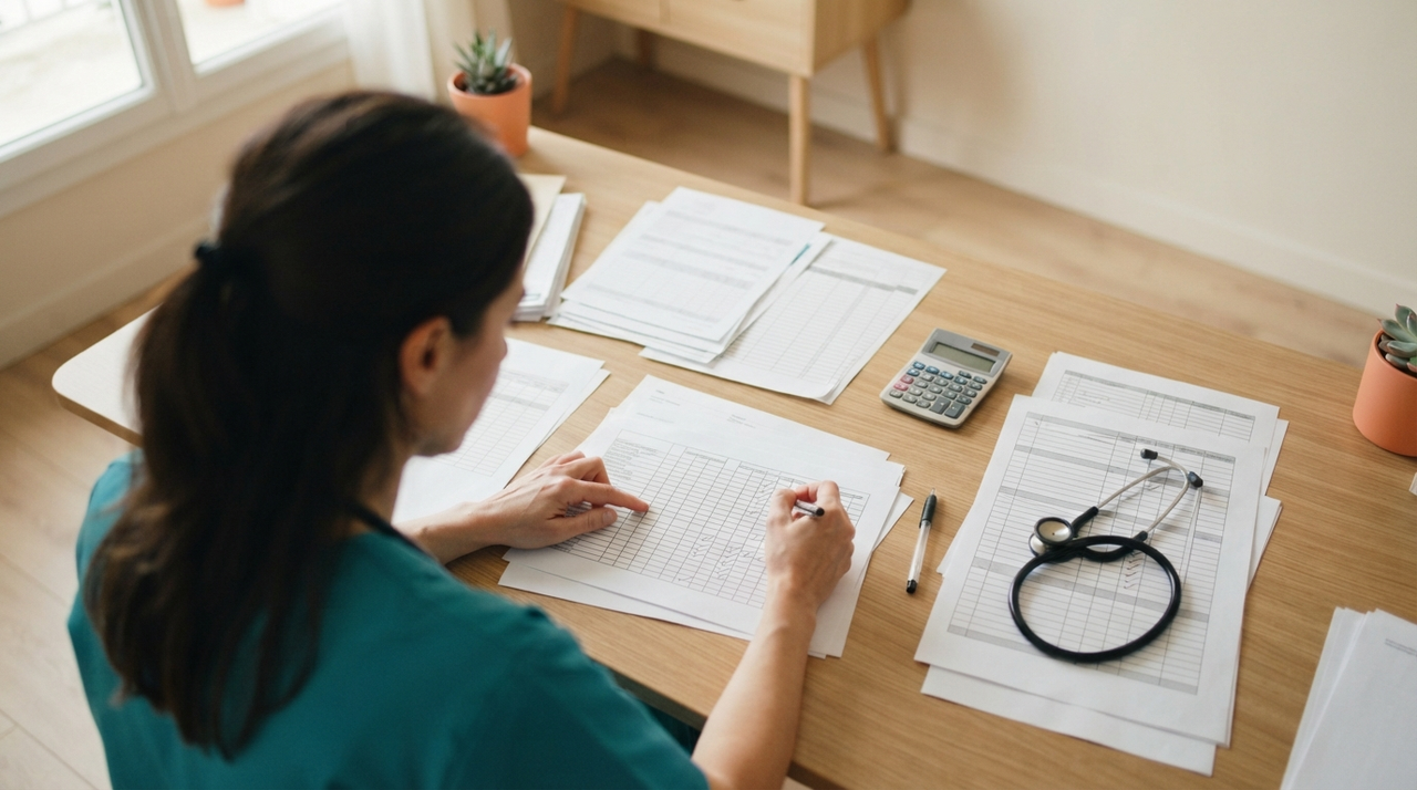 Médecin coordonnateur analysant les indicateurs financiers et RH d'un EHPAD