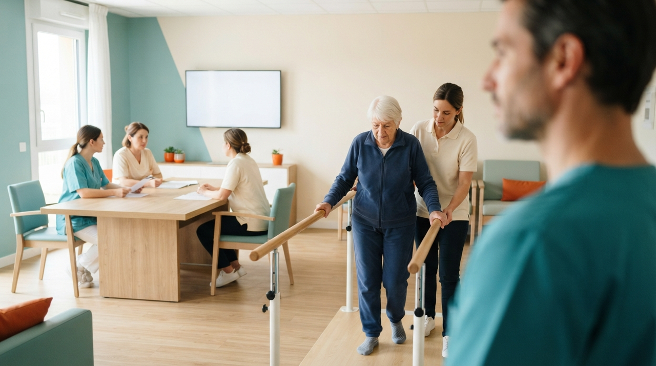 Médecin et équipe soignante réunis autour d'une table de travail dans un EHPAD