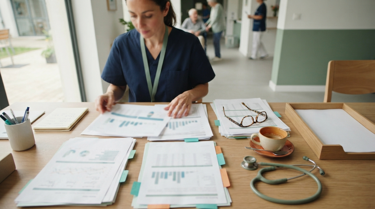 Professionnels de santé réunis autour d'un dossier dans un établissement pour personnes âgées
