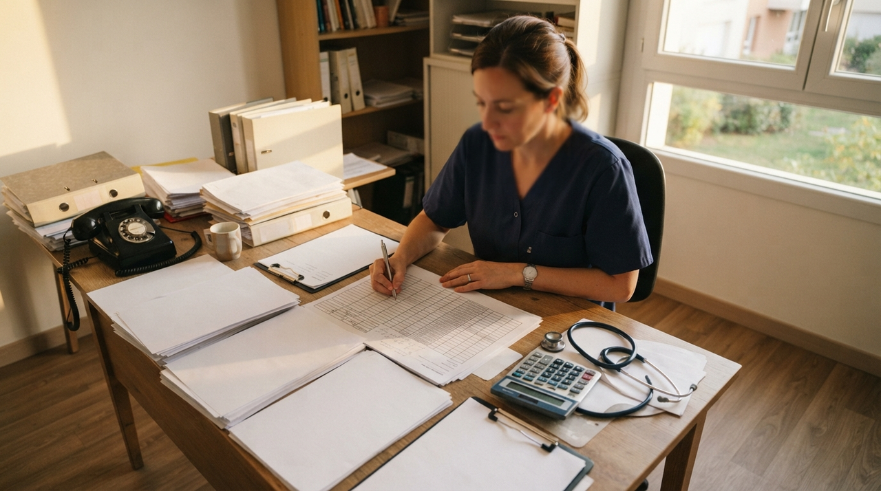 Médecin coordonnateur examinant des documents de tarification dans un établissement médico-social