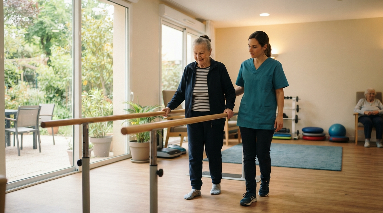 Illustration clinique évoquant la réévaluation d'une ordonnance chez une personne âgée en Ehpad, dans un cadre médical sobre