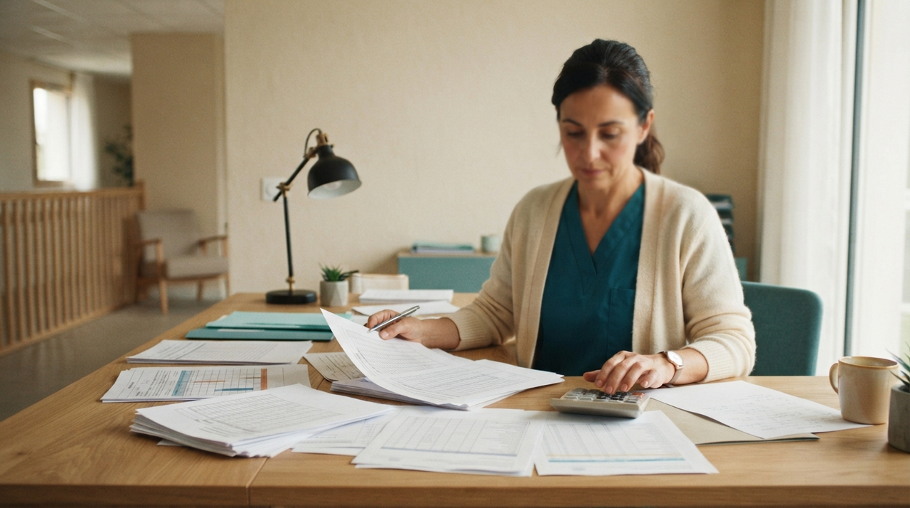Professionnelle de santé examinant des tableaux de suivi et une calculatrice sur un bureau