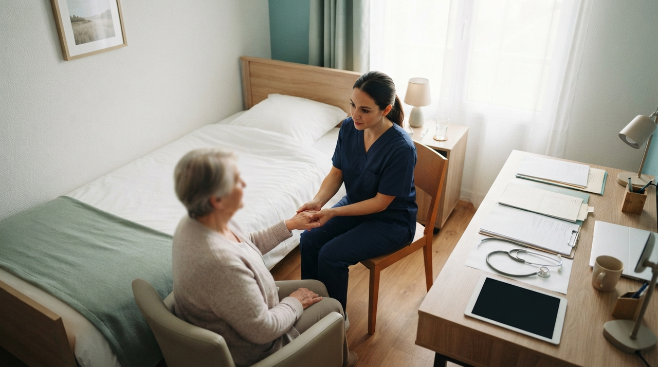 Chambre d'accompagnement en soins palliatifs avec lit médicalisé et espace pour les proches