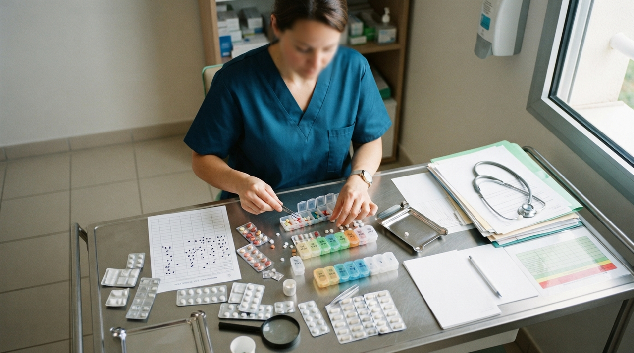 Pharmacie d'un établissement médico-social et rayonnages de médicaments