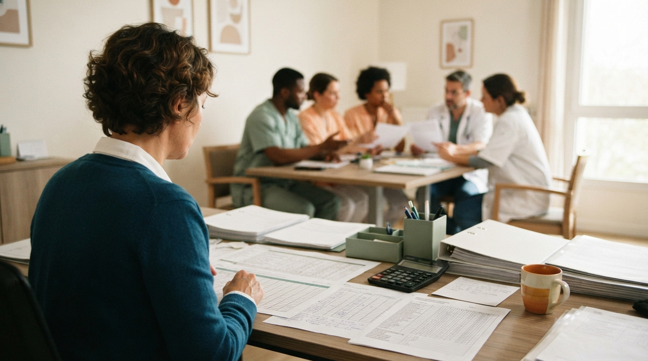 Médecin coordonnateur consultant des documents budgétaires dans un bureau d'EHPAD