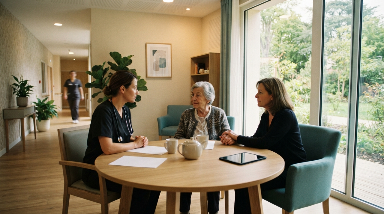 Échange entre une professionnelle de santé, une résidente et sa proche dans un salon lumineux d'EHPAD, illustrant l'accompagnement personnalisé
