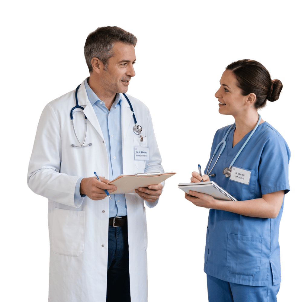 Un médecin coordonnateur en discussion avec une infirmière en EHPAD